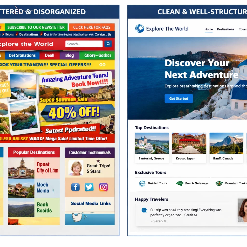 Comparison of cluttered and well-designed user interfaces showing visual hierarchy and contrast