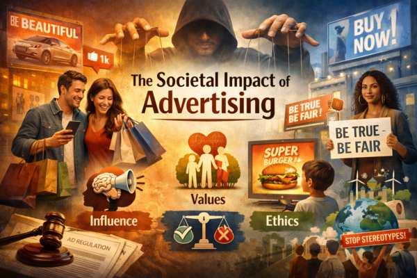 Societal role of advertising showing consumer influence, ethical concerns, and cultural values in modern media