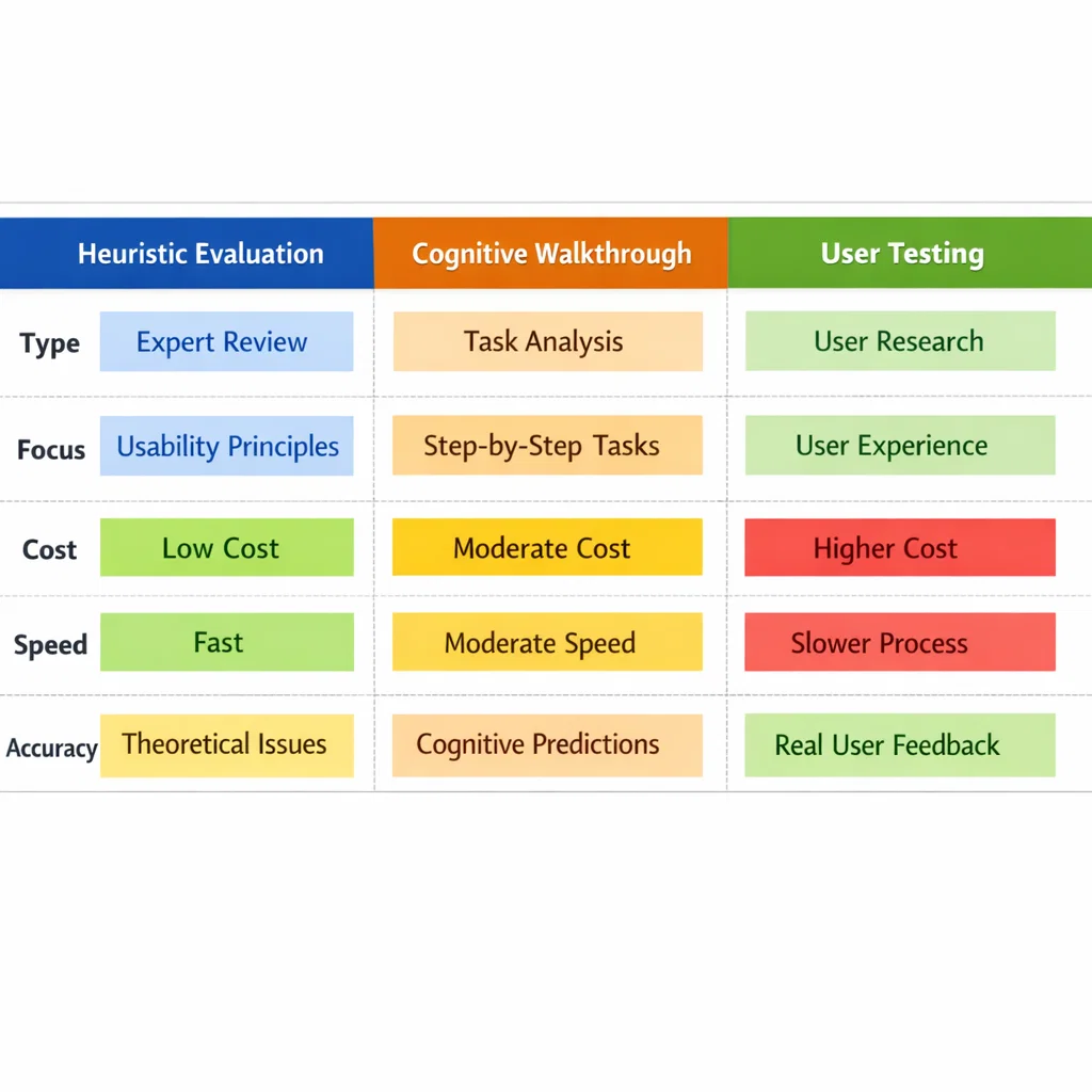 Visual comparison of Heuristic Evaluation, Cognitive Walkthrough, and User Testing showing focus, cost, speed, and accuracy