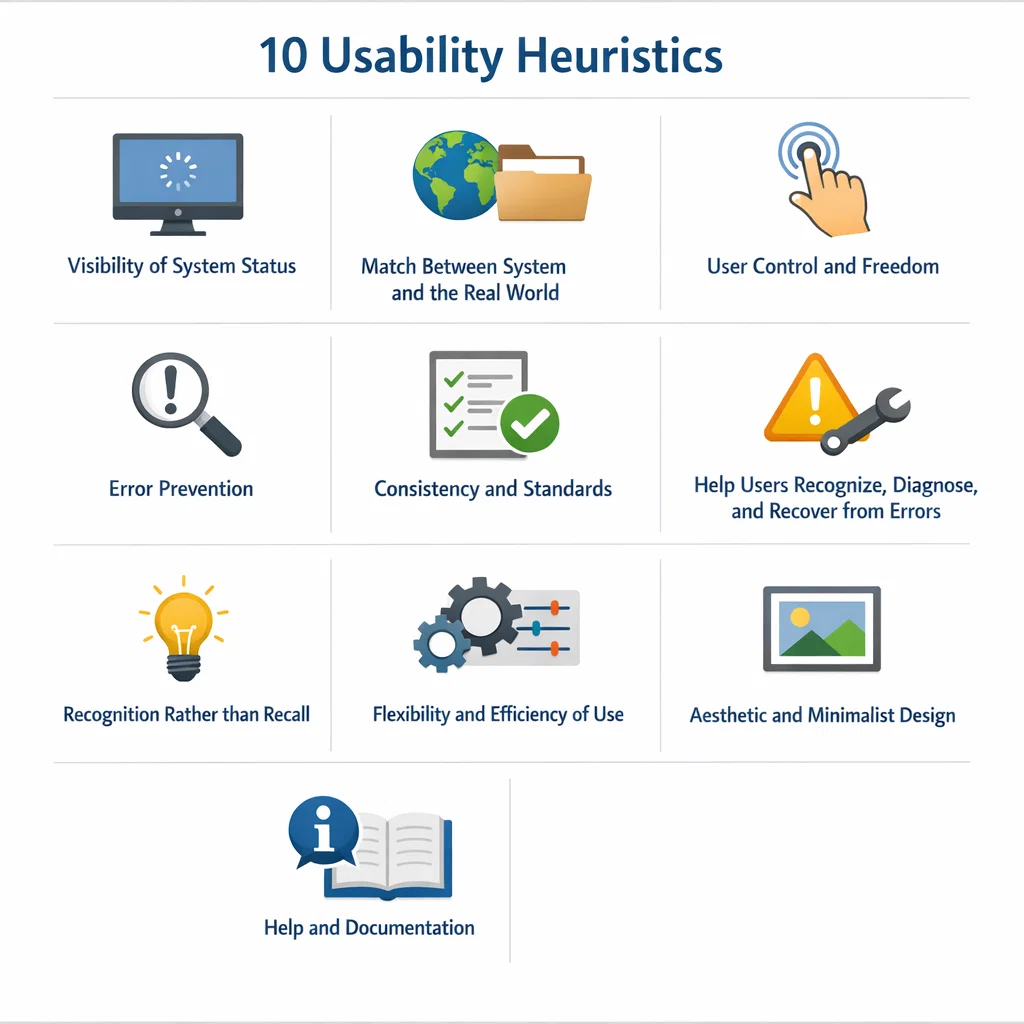 Infographic displaying Nielsen’s 10 usability heuristics with visual icons for each principle.