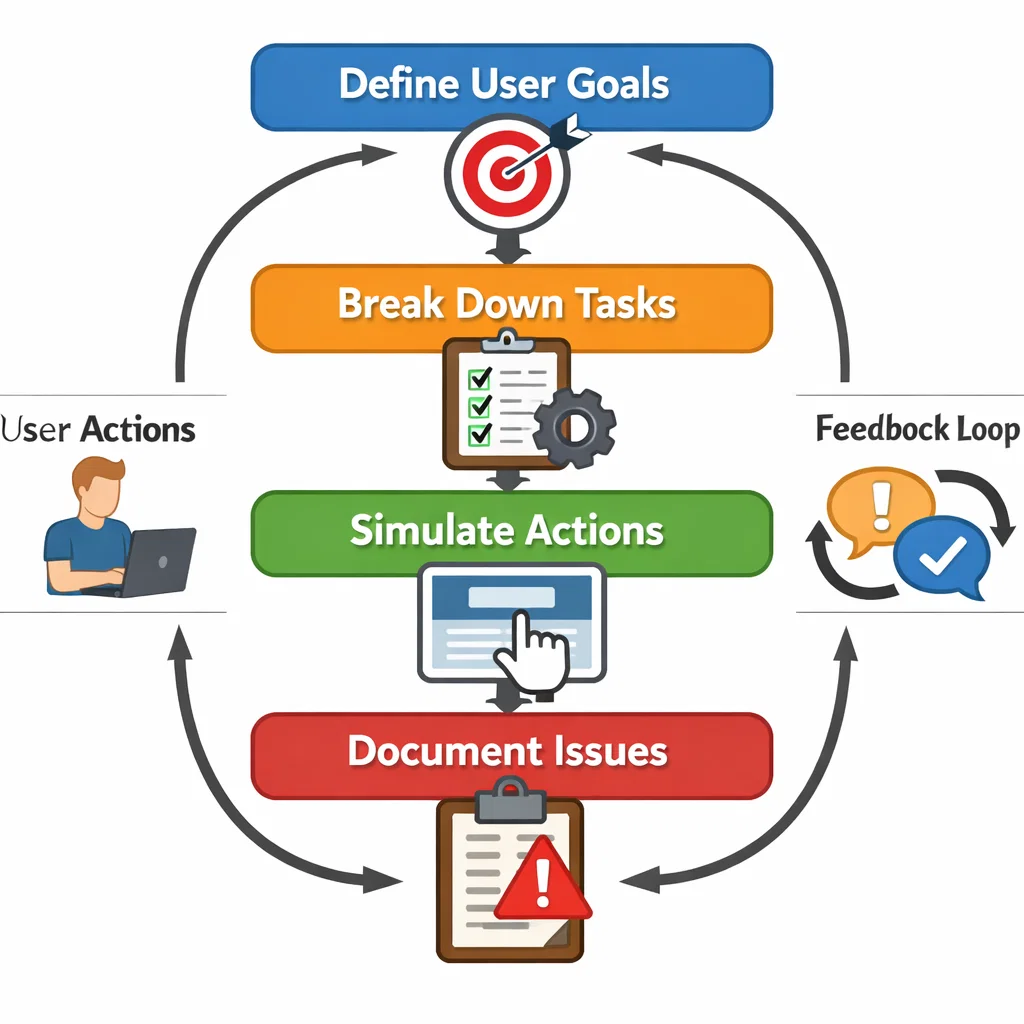 Flowchart showing the cognitive walkthrough process with user goals, actions, and feedback steps.