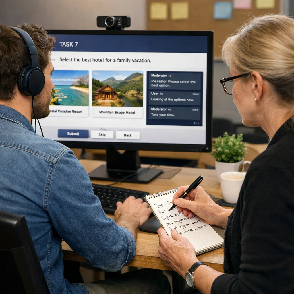 User performing tasks during a moderated usability testing session while facilitator observes and records notes.
