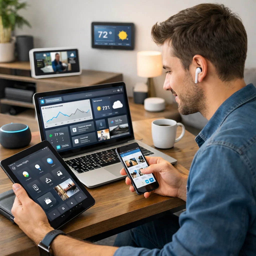 Teen user interacting with laptop, tablet, and smartphone showcasing different interfaces in HCI.