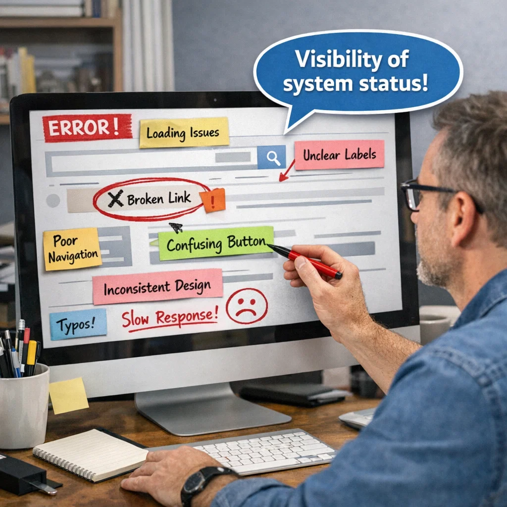 Usability expert performing heuristic evaluation on a website interface with annotated design issues.