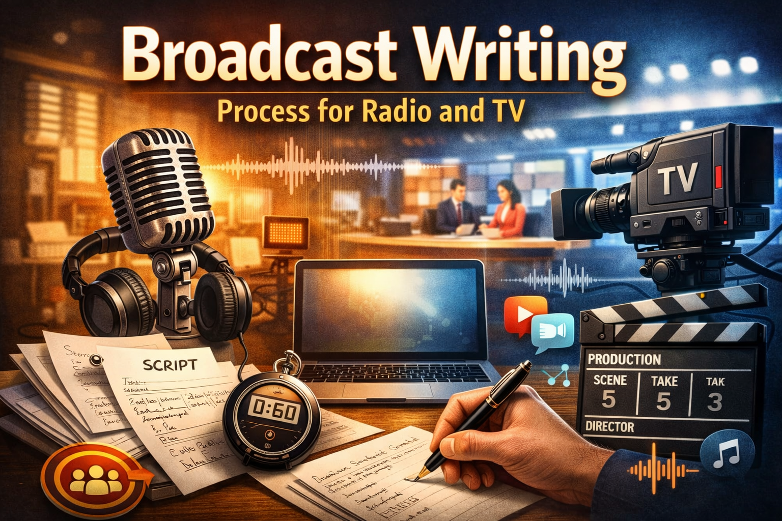 Broadcast writing concept image showing a microphone, TV camera, laptop, and script pages illustrating the radio and television production process.