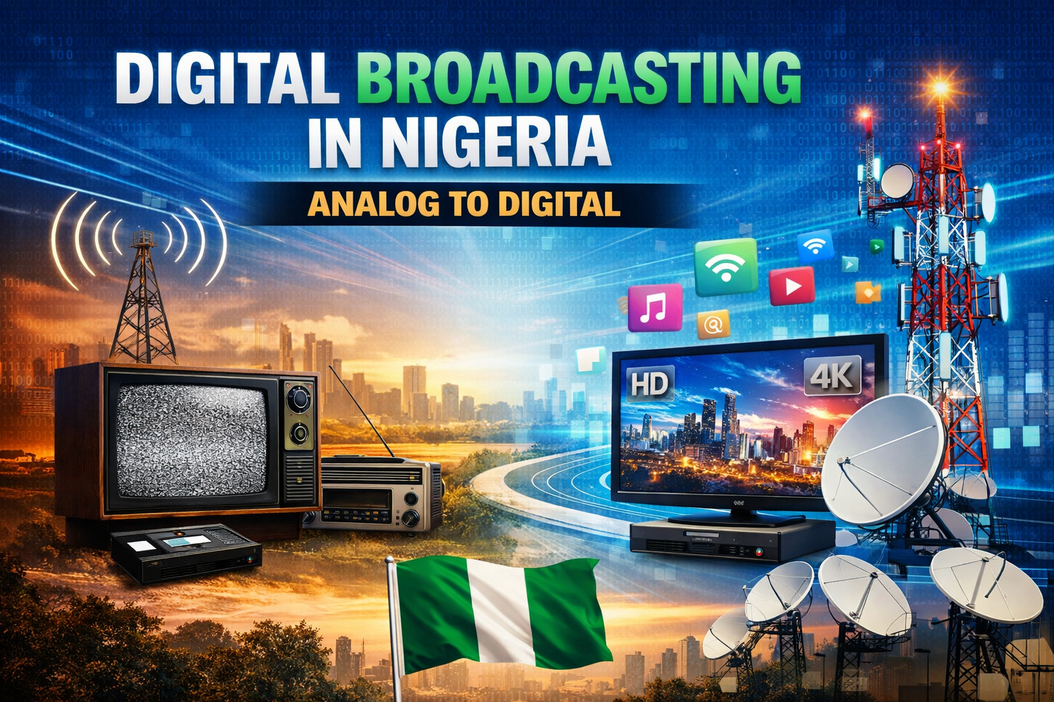 Digital broadcasting systems in Nigeria showing the transition from analog TV and radio to modern digital transmission towers, satellite dishes, and HD broadcasting technology.