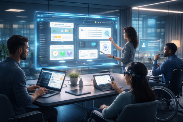 Visual breakdown of accessibility principles in UX design showing perceivable, operable, understandable, and robust interfaces with inclusive features