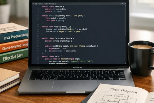 Java programming workspace with a laptop displaying Java code, UML diagrams, coding books, and a coffee mug, representing a developer’s environment for learning and implementing Object-Oriented Programming.