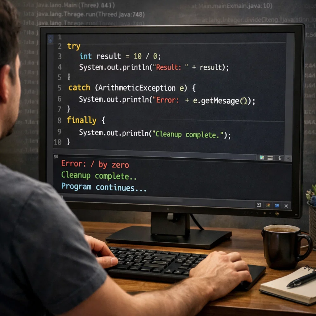 Programmer handling exceptions in Java using try-catch-finally blocks on IDE screen.