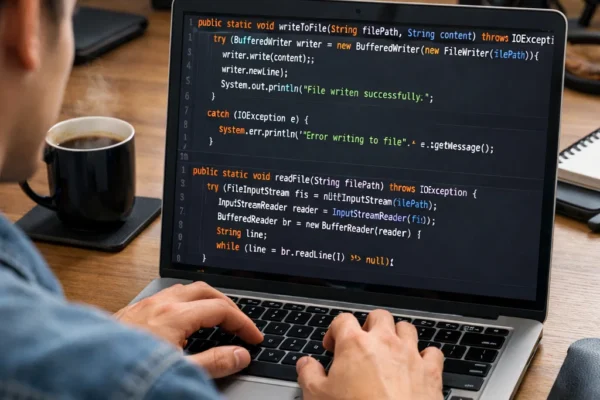A programmer working on Java code in a modern workspace, with a visible code editor showing file handling operations like FileInputStream and FileReader.