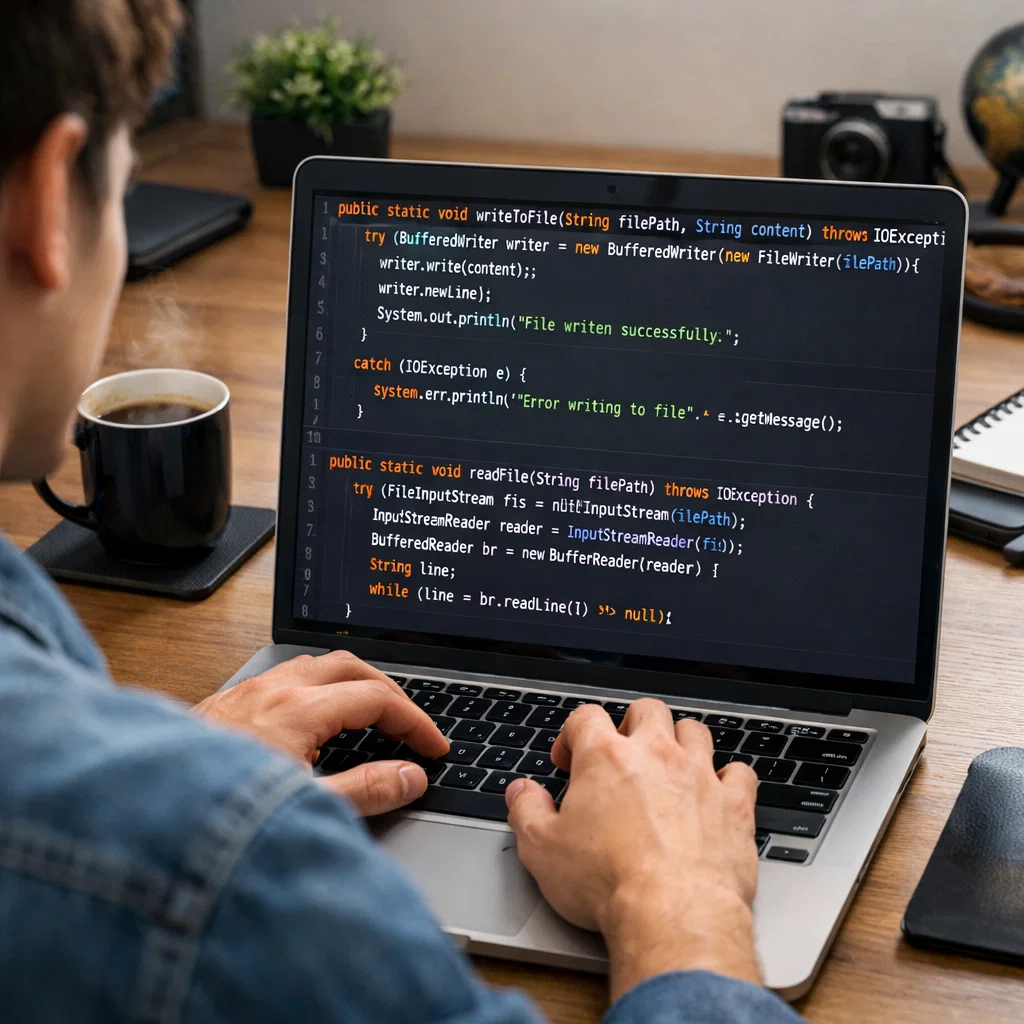 A programmer working on Java code in a modern workspace, with a visible code editor showing file handling operations like FileInputStream and FileReader.