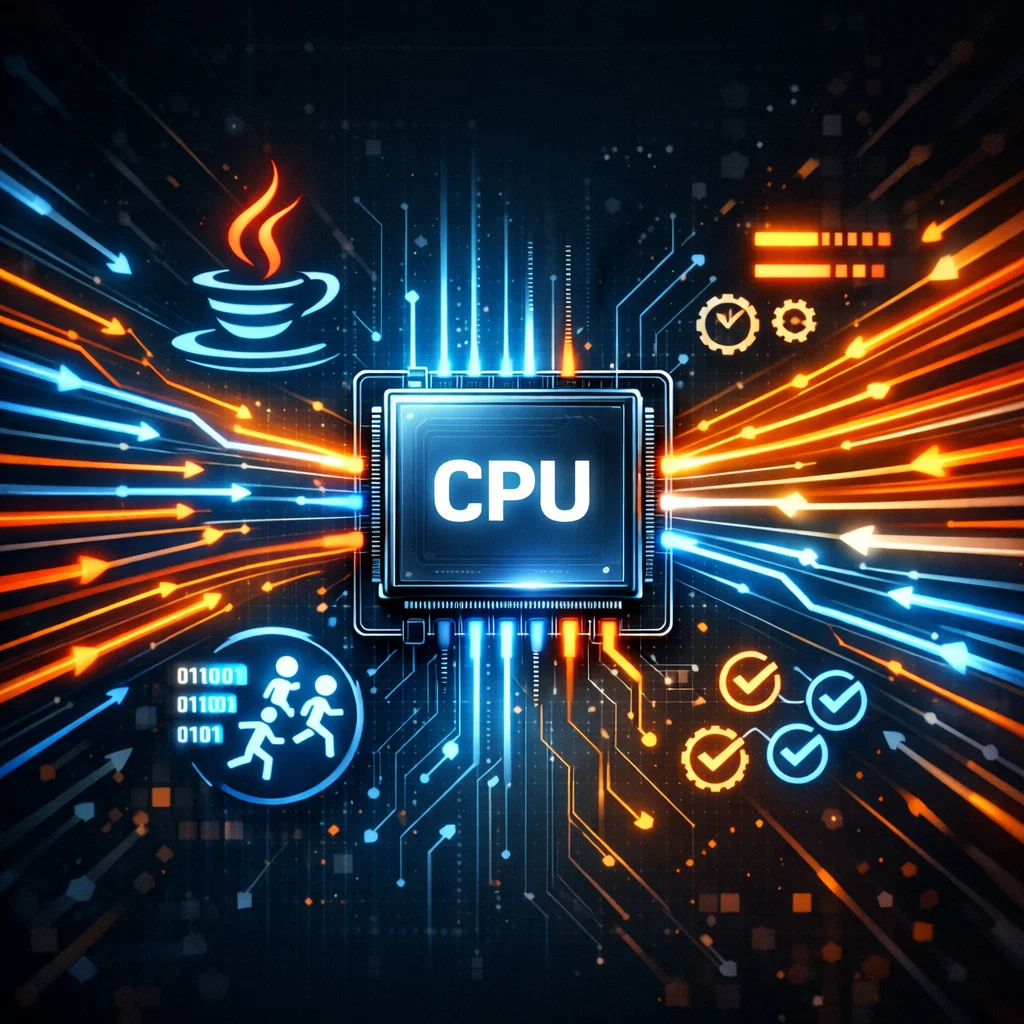 Illustration of Java multithreading showing parallel threads running on a CPU