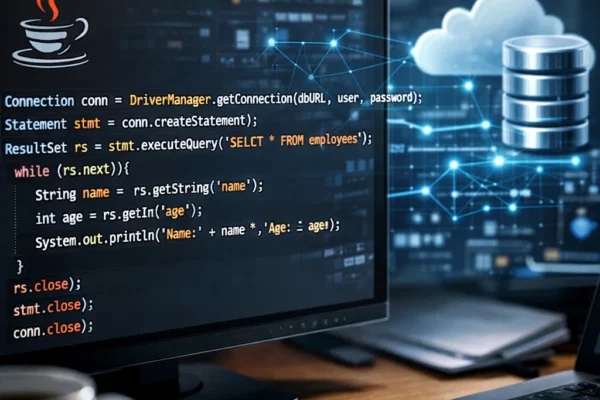 Featured image showing Java code interacting with a database through JDBC, with a computer screen displaying SQL queries and a database icon in the background.