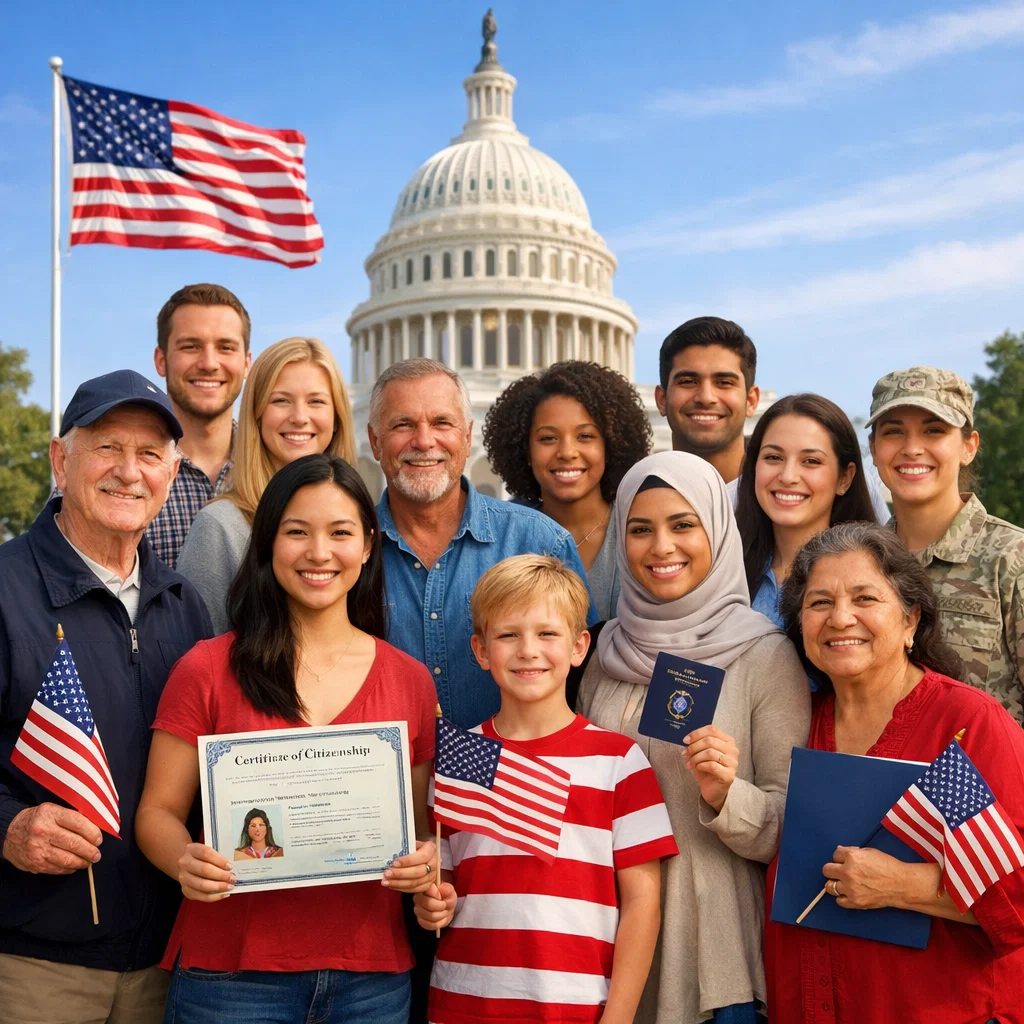 A diverse group of citizens standing in front of a national landmark, representing the unity and responsibilities that come with citizenship.