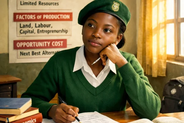 Nigerian WAEC student studying economics at a desk with textbooks and notes, highlighting concepts like scarcity, factors of production, and opportunity cost.