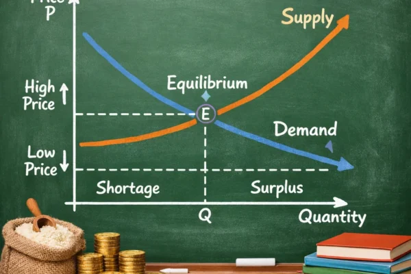 Demand and supply graph showing equilibrium price with coins and goods, illustrating market principles for students.