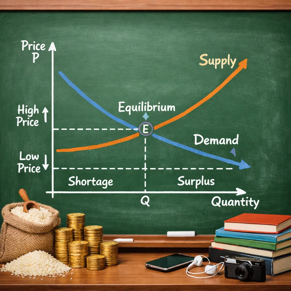 Demand and supply graph showing equilibrium price with coins and goods, illustrating market principles for students.
