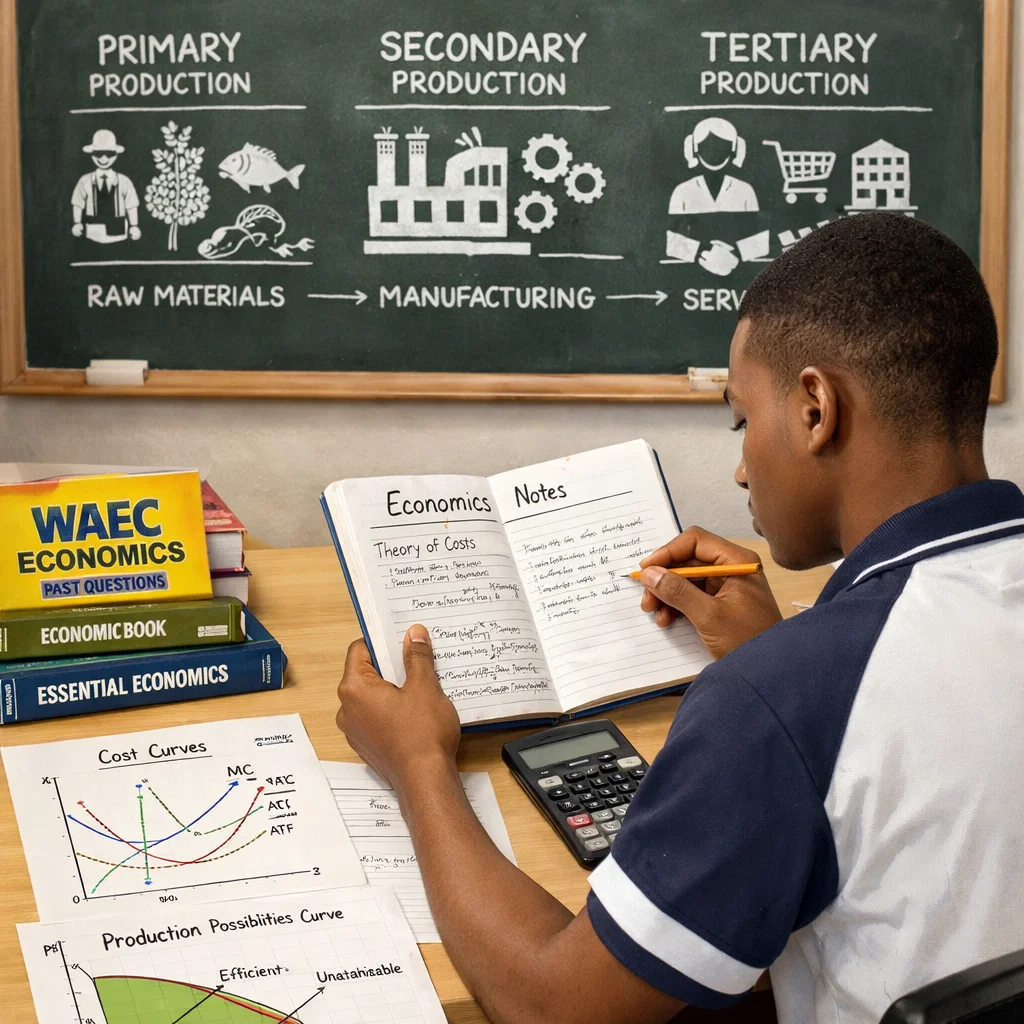 WAEC student studying Economics with textbooks, calculator, and production-cost diagrams on a chalkboard.