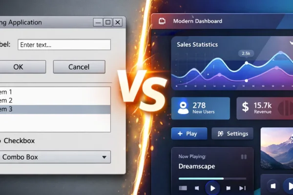 A side-by-side comparison of a Java Swing GUI (left) with a basic, minimalist design and a JavaFX GUI (right) with a modern, feature-rich interface, highlighting the differences in visual appeal and capabilities.