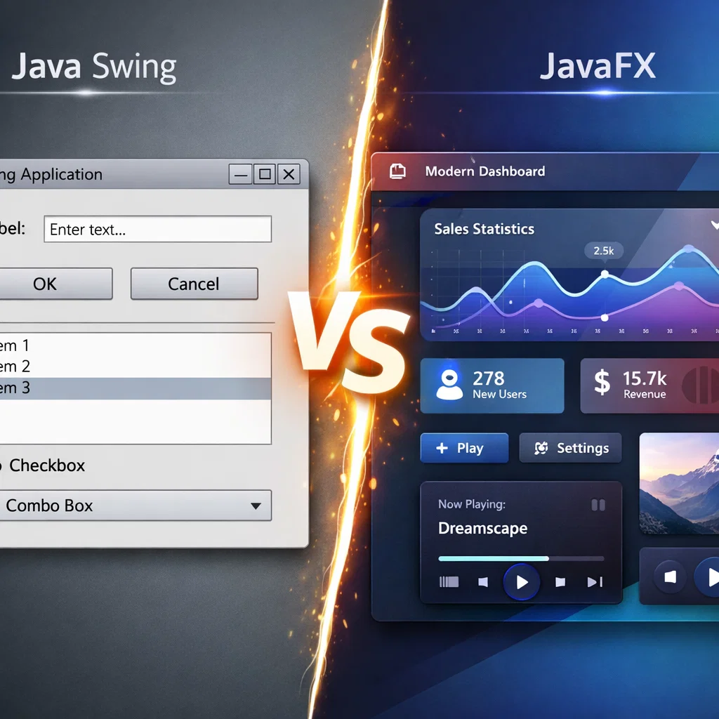 A side-by-side comparison of a Java Swing GUI (left) with a basic, minimalist design and a JavaFX GUI (right) with a modern, feature-rich interface, highlighting the differences in visual appeal and capabilities.