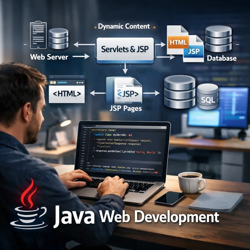 A developer working on Java web development with visible Java code on the screen, representing the integration of Servlets and JSP for dynamic content creation.