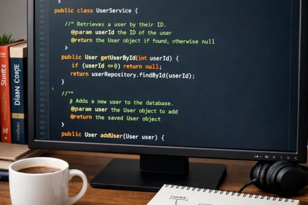 Developer workspace with a computer displaying clean, well-structured Java code, highlighting best practices in coding standards and documentation.