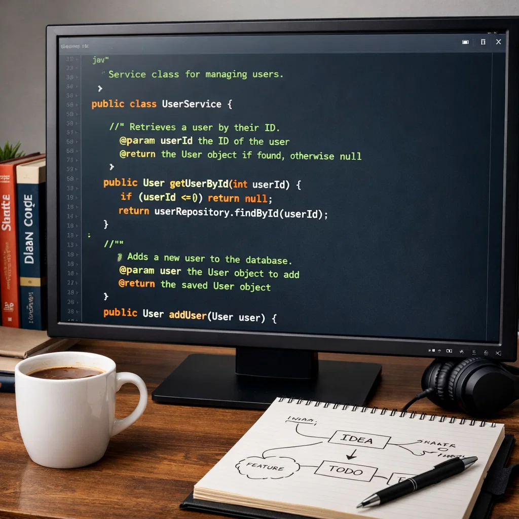 Developer workspace with a computer displaying clean, well-structured Java code, highlighting best practices in coding standards and documentation.