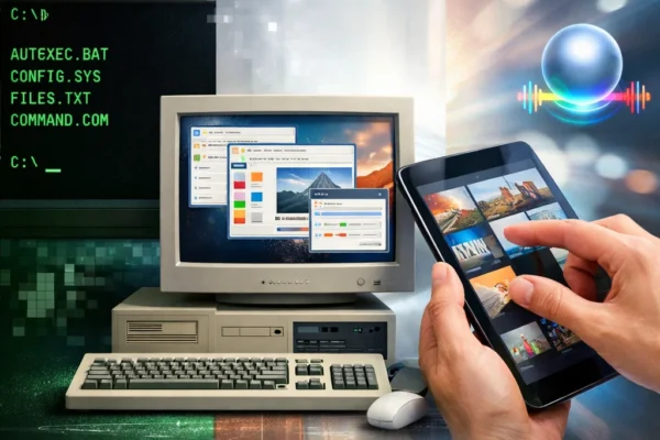 Collage showing the evolution of human-computer interaction from command-line terminals to graphical user interfaces and modern touch and voice interfaces.