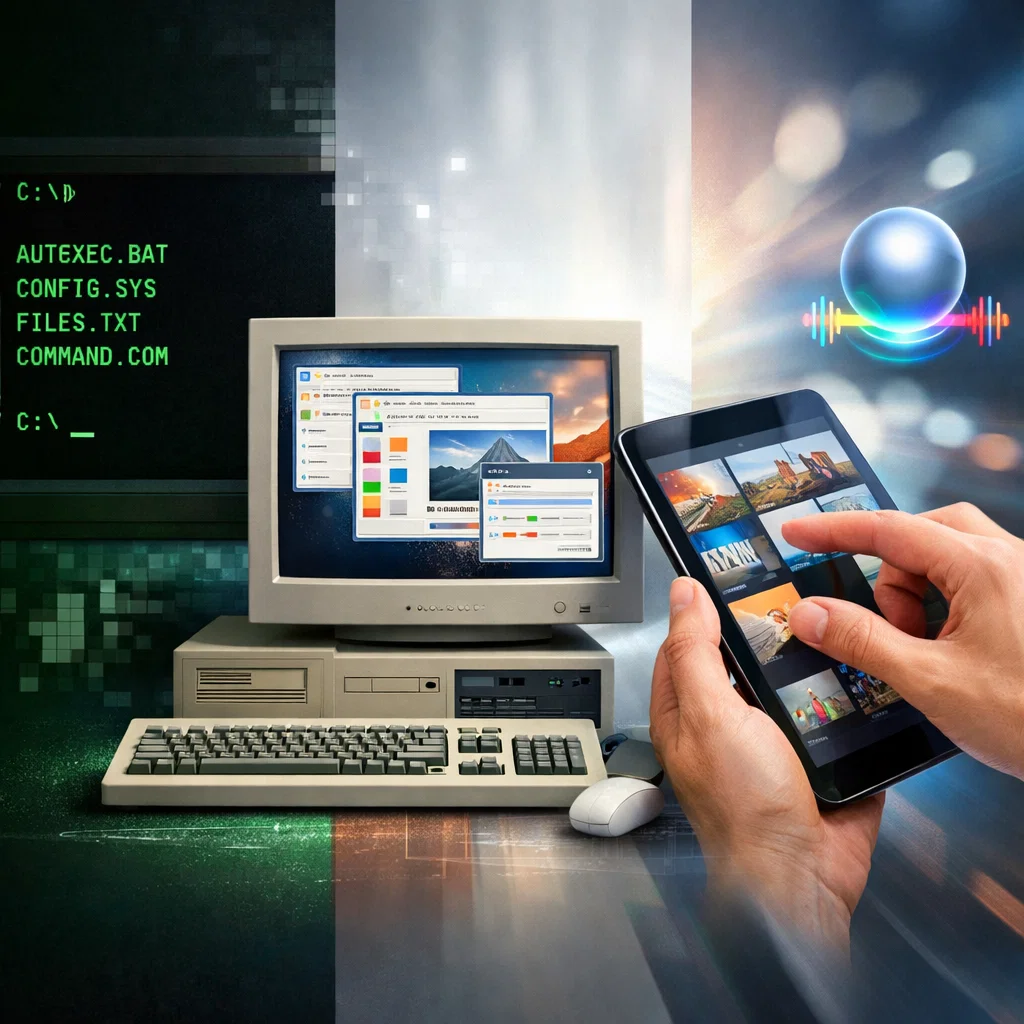 Collage showing the evolution of human-computer interaction from command-line terminals to graphical user interfaces and modern touch and voice interfaces.