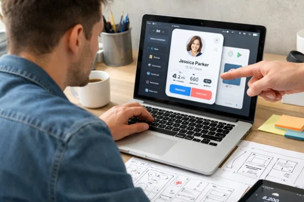 user-centered design process with designer creating app interface using wireframes prototypes and collaboration