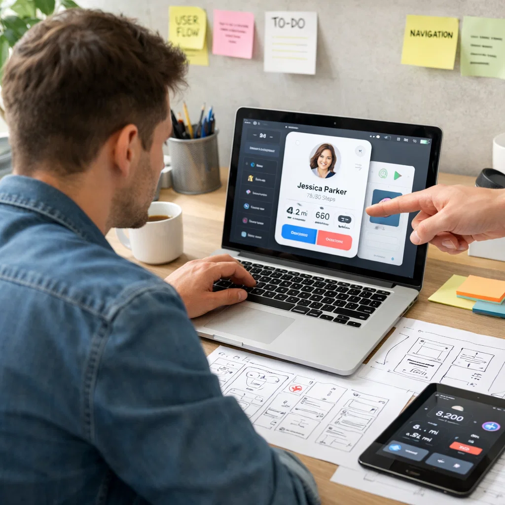 user-centered design process with designer creating app interface using wireframes prototypes and collaboration