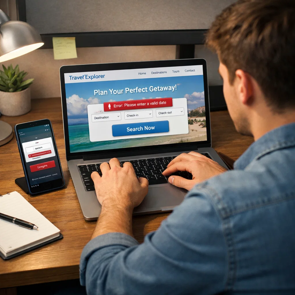 User interacting with multiple digital interfaces on laptop, tablet, and smartphone representing usability evaluation in human-computer interaction