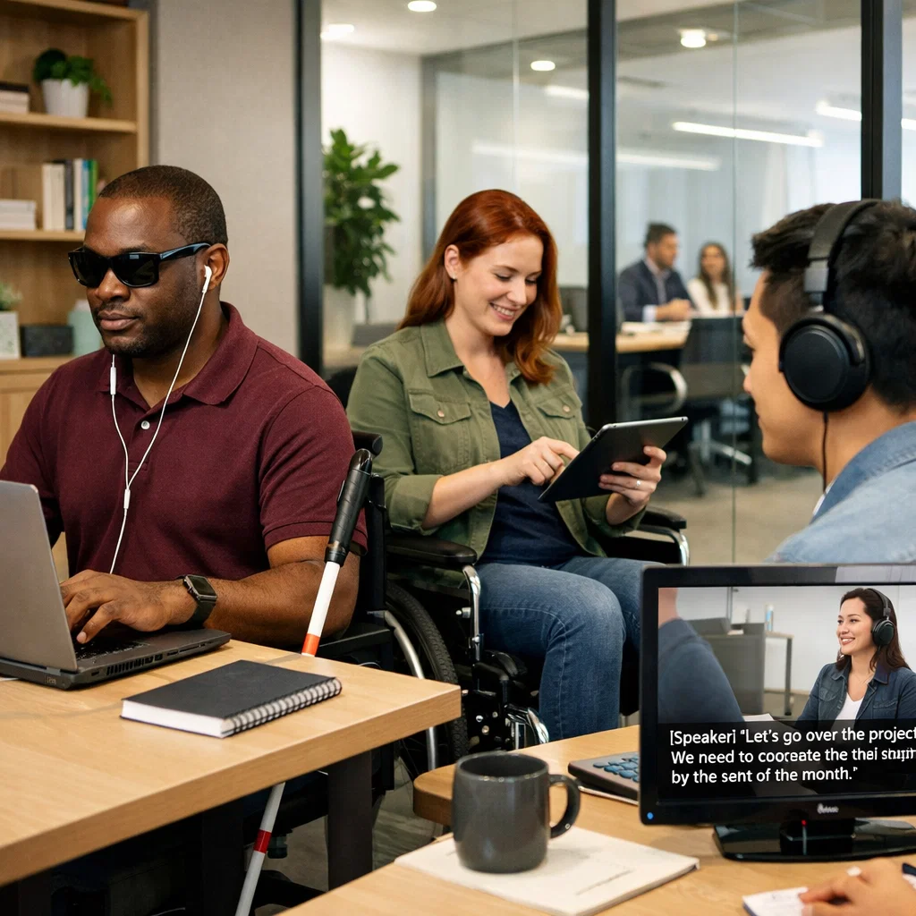 Diverse users interacting with accessible digital technology including screen readers, captions, and adaptive devices