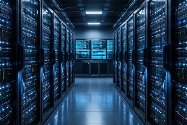 Realistic view of a modern data center with rows of servers, representing the infrastructure behind web hosting and web servers.