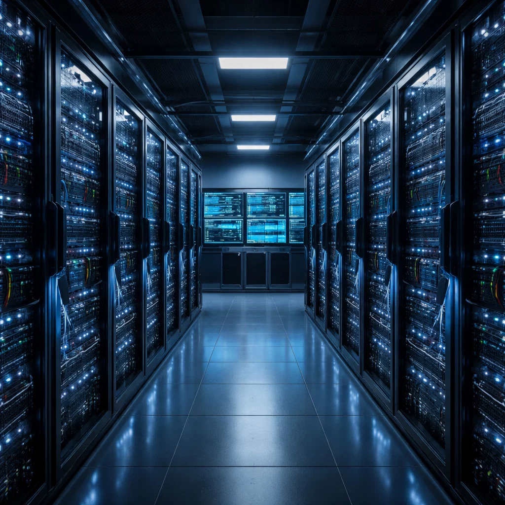 Realistic view of a modern data center with rows of servers, representing the infrastructure behind web hosting and web servers.