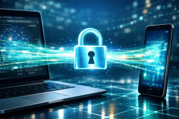 Digital illustration showing secure communication between devices with an encrypted data stream and a padlock symbol, representing the security of HTTPS.