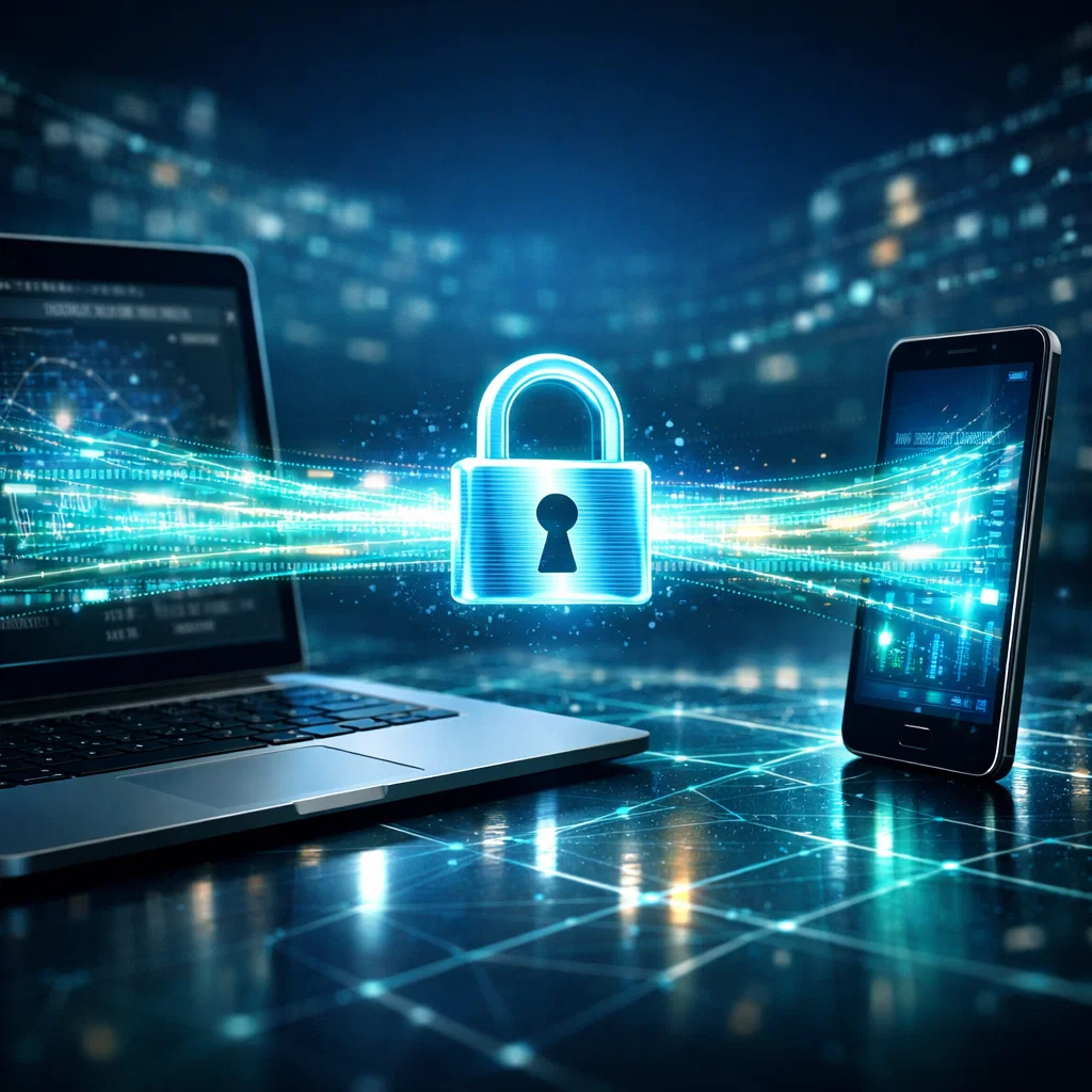 Digital illustration showing secure communication between devices with an encrypted data stream and a padlock symbol, representing the security of HTTPS.