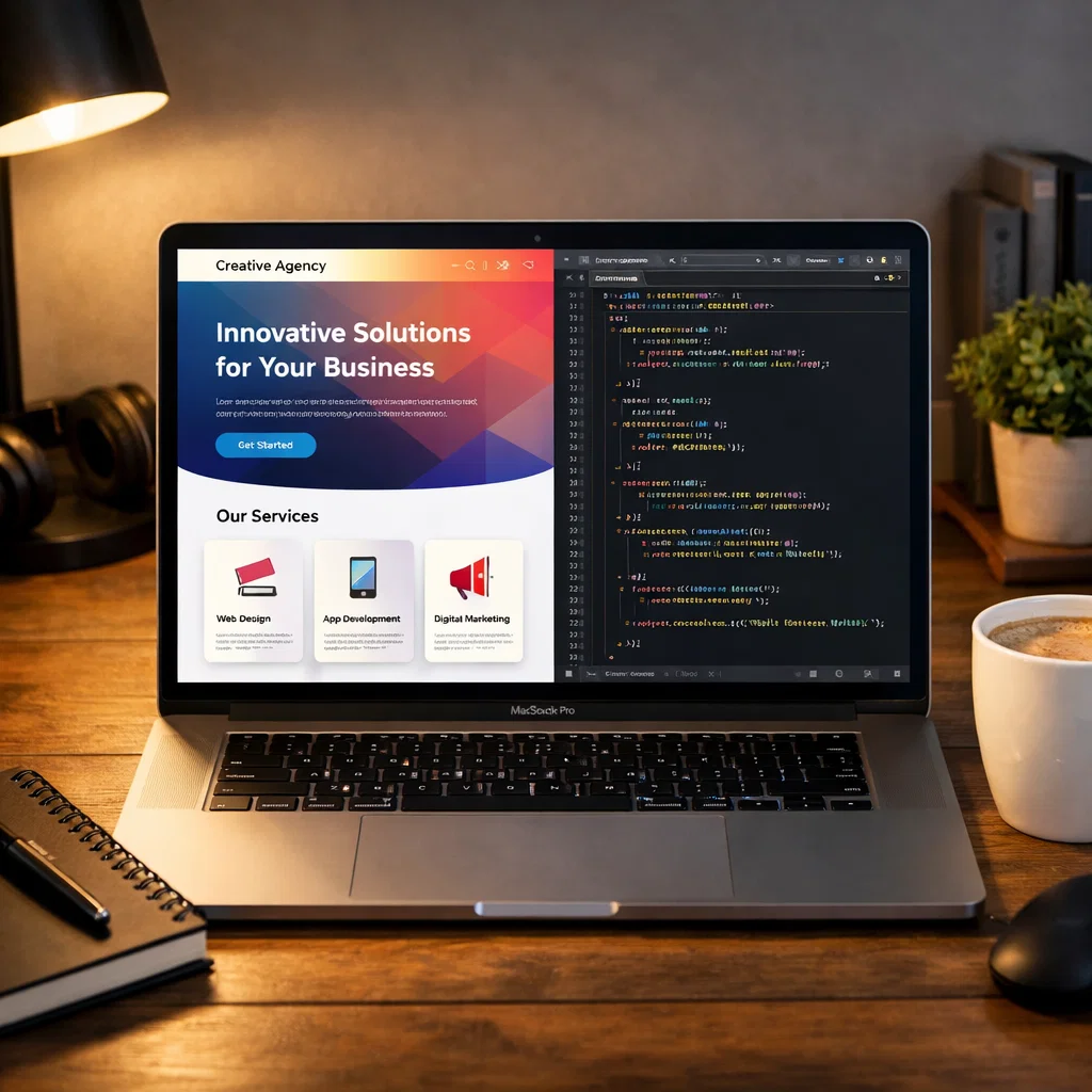 Laptop showing frontend design and backend code side by side on a developer’s desk