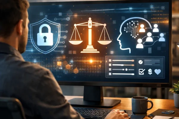 Professional workspace showcasing digital ethics, with a focus on data privacy, algorithmic fairness, and ethical design in HCI.