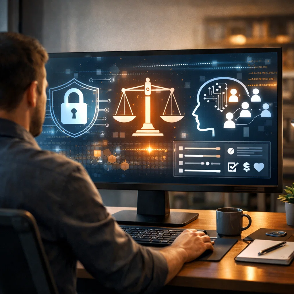 Professional workspace showcasing digital ethics, with a focus on data privacy, algorithmic fairness, and ethical design in HCI.