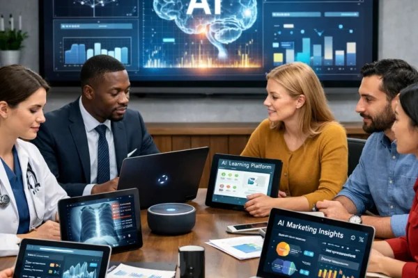 Diverse professionals using AI-powered devices in a modern office to enhance productivity and decision-making across industries.