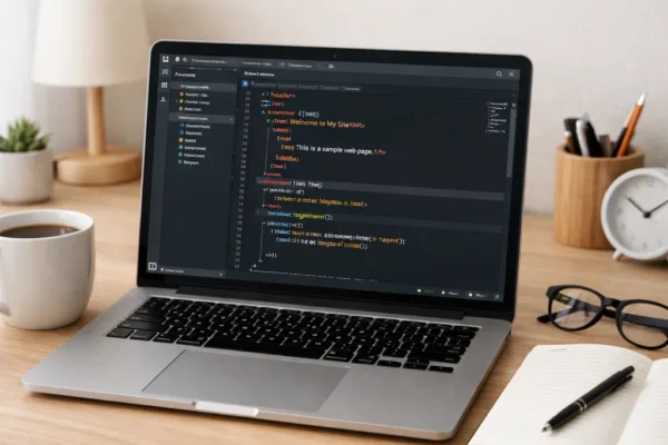 A modern web development workspace with an open code editor on a laptop, coffee, notebook, and a plant, creating a productive environment.