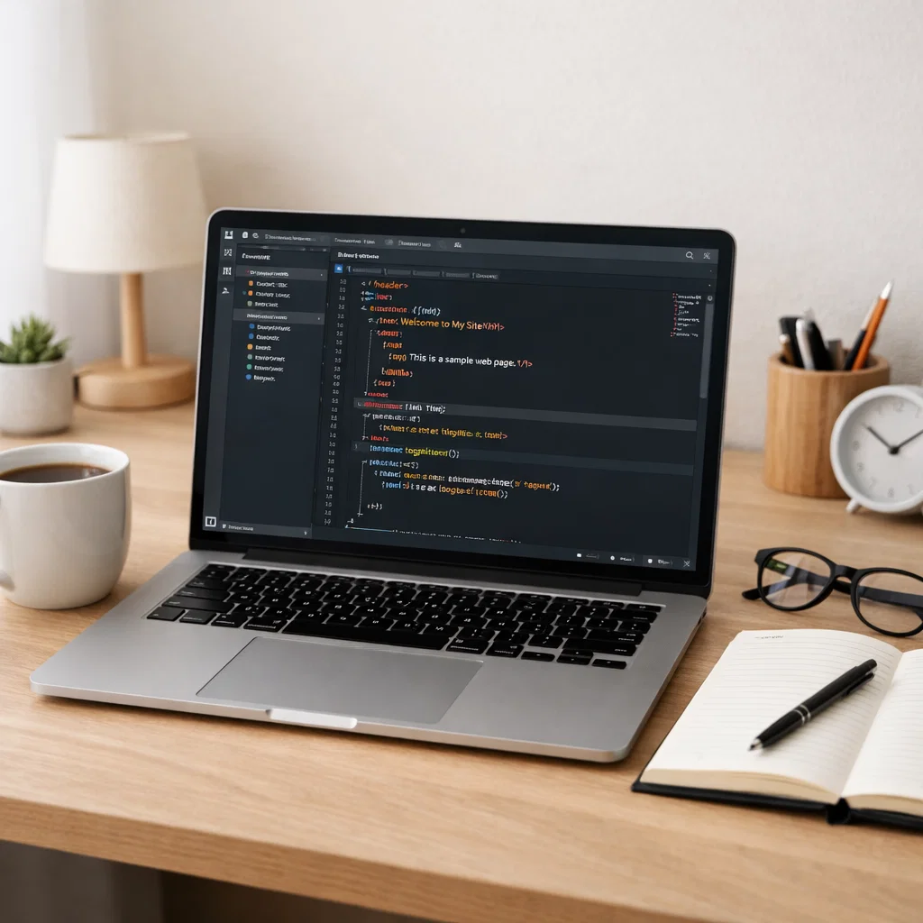 A modern web development workspace with an open code editor on a laptop, coffee, notebook, and a plant, creating a productive environment.