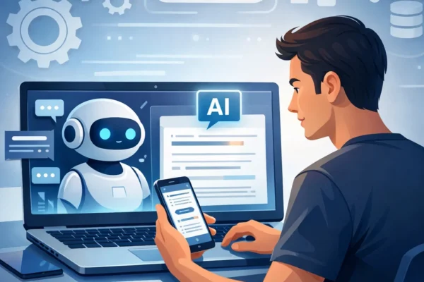 A modern, clean illustration depicting a person interacting with AI tools like chatbots and writing assistants, symbolizing the integration of AI and automation into everyday tasks.