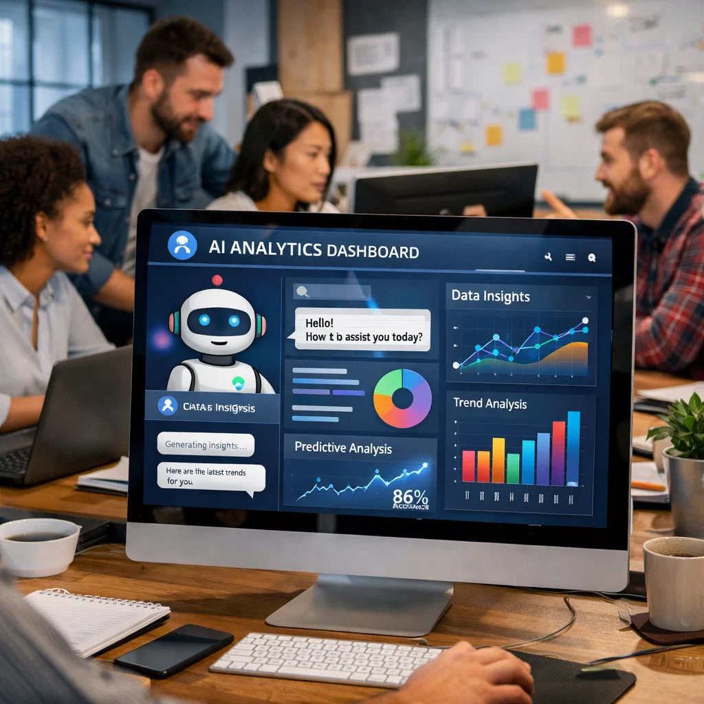 Small business team using AI-driven tools for customer service, inventory management, and marketing optimization.