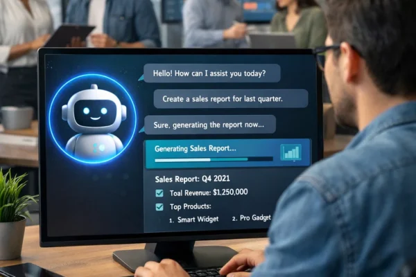 Modern office with employees collaborating, using AI-powered tools to automate tasks and improve productivity in a tech-driven environment.