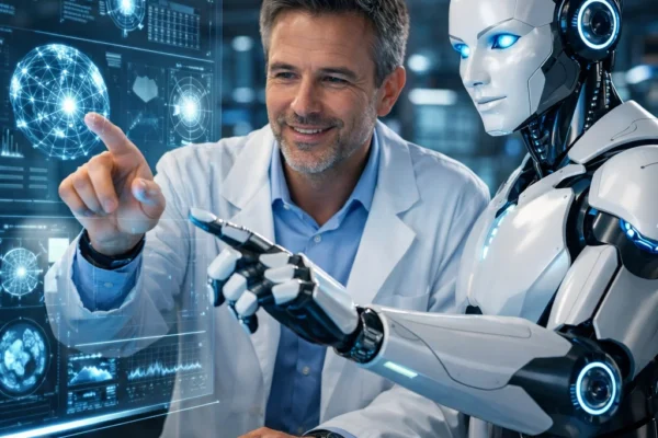 A human professional collaborating with an AI system in a high-tech workspace, symbolizing the future of human-AI partnership.