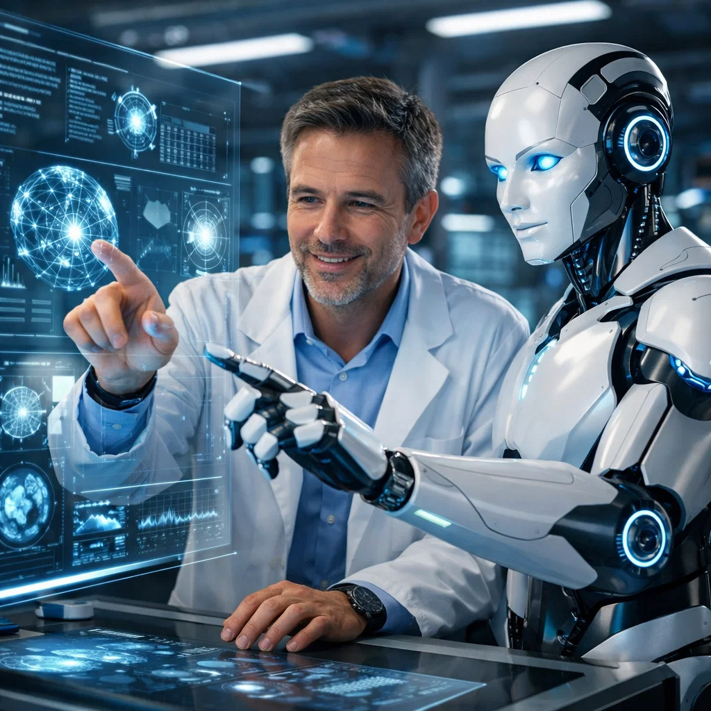 A human professional collaborating with an AI system in a high-tech workspace, symbolizing the future of human-AI partnership.