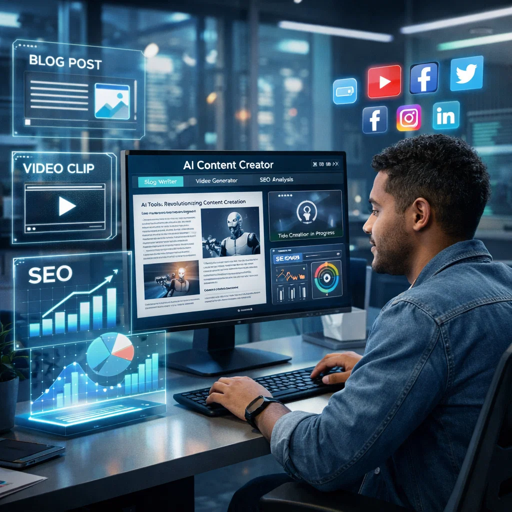 Futuristic office with a person using AI tools for content creation, showcasing blog writing, video editing, and data analytics.