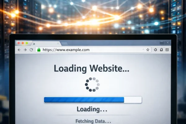 Realistic image of a computer screen displaying a website loading, symbolizing the process of web communication and server interaction.